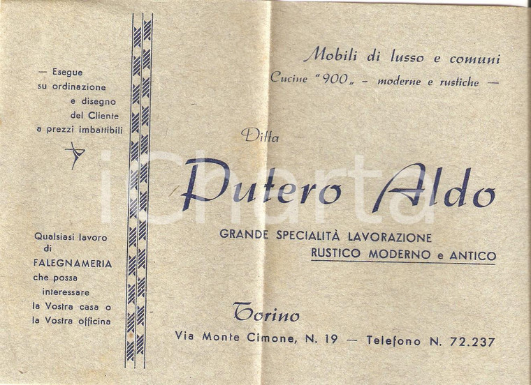 1950 ca TORINO Ditta Aldo PUTERO Mobili lusso e comuni *Biglietto PUBBLICITARIO