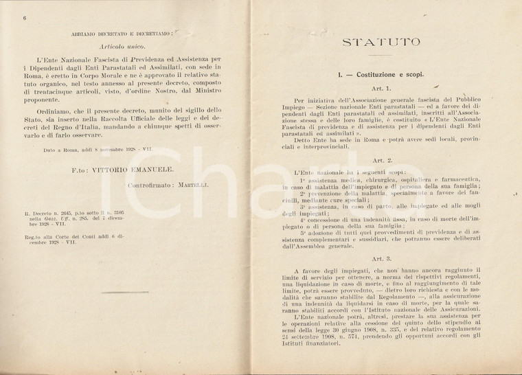 1928 ROMA Statuto ENTE NAZIONALE FASCISTA dipendenti parastatali