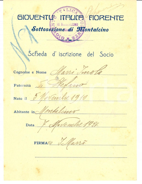 1921 MONTALCINO SI Iscrizione Gioventù Italica Fiorente