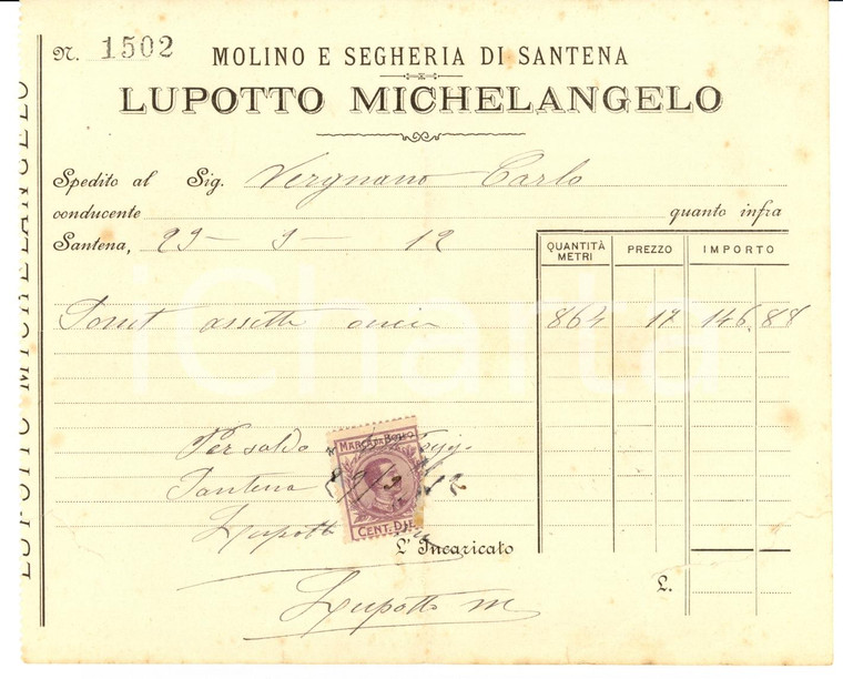 1912 SANTENA TO Molino e segheria Michelangelo LUPOTTO
