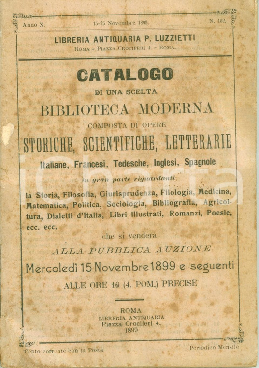 1899 ROMA Libreria antiquaria LUZZIETTI Catalogo biblioteca moderna storia