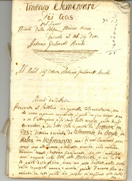 1795 ca Niccolò DALLAPORTA Trattato elementare dei gas COPIA MANOSCRITTA 72 pp