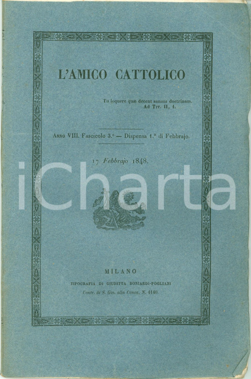 1848 L'AMICO CATTOLICO Religione cattolica in ALGERIA *Rivista