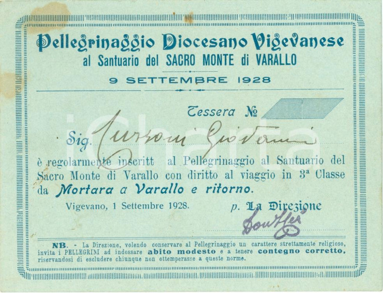 1928 VIGEVANO (PV) Giovanni CURZONI Pellegrinaggio Sacro Monte VARALLO *Tessera