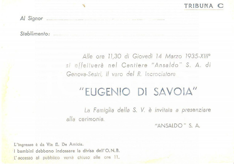 1935 GENOVA Varo Incrociatore EUGENIO DI SAVOIA Cantieri ANSALDO *Invito