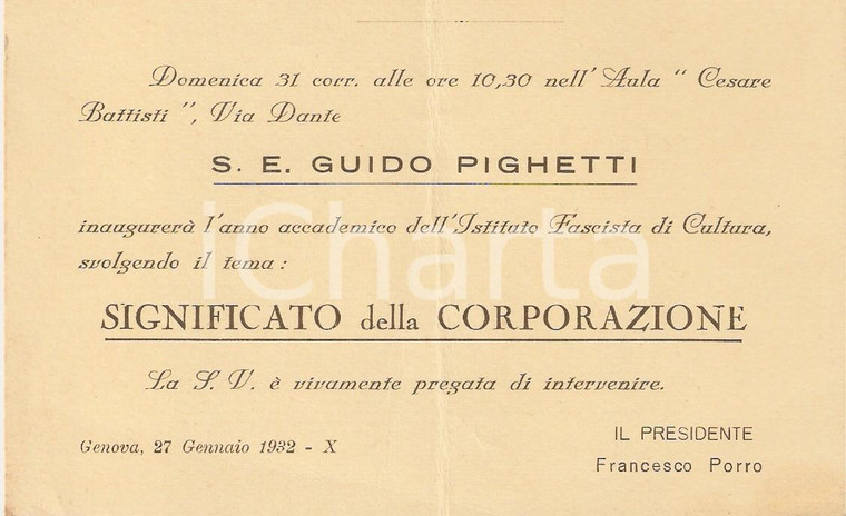 1932 GENOVA Conferenza Guido PIGHETTI Significato Corporazione *Invito