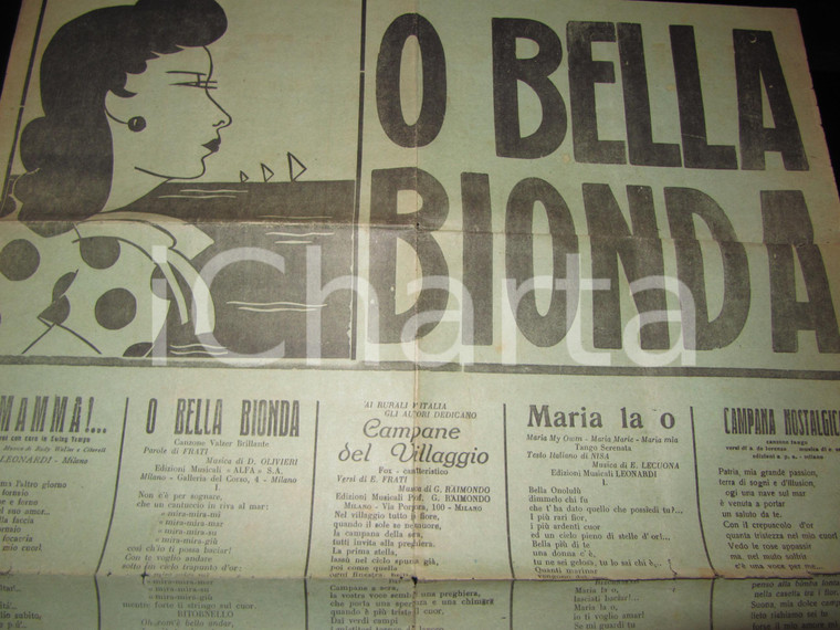 1939 CANZONIERE FASCISTA O bella bionda 44 x 60 cm ILLUSTRATO