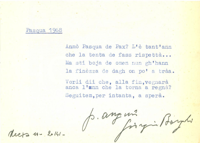 1968 GIORGIO BORGHI Poesia dialettale Pasqua AUTOGRAFO