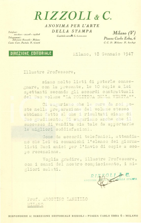 1947 MILANO La RIZZOLI augura fortuna Agostino LANZILLO Lettera