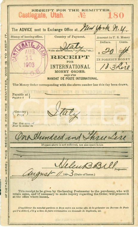 1903 CASTLEGATE, UTAH (USA) International money order 103 lire per 20 dollari