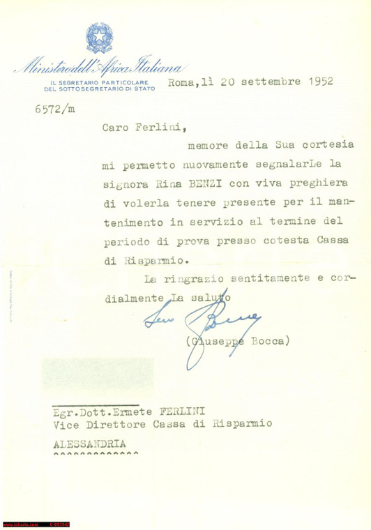 1952 ROMA Ministero Africa Italiana Giuseppe BOCCA
