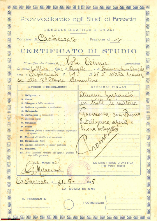 1945 CASTREZZATO (BS) Celina NOLI promossa V elementare