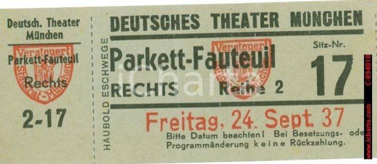 1937 MUNCHEN (DE) Biglietto ingresso DEUTSCHES THEATER