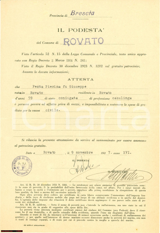 1937 ROVATO (BS) Dichiarazione povertà di Pierina FESTA