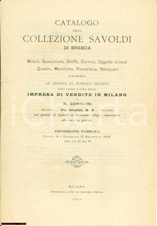 1895 MILANO Vendita all'asta della Collezione SAVOLDI