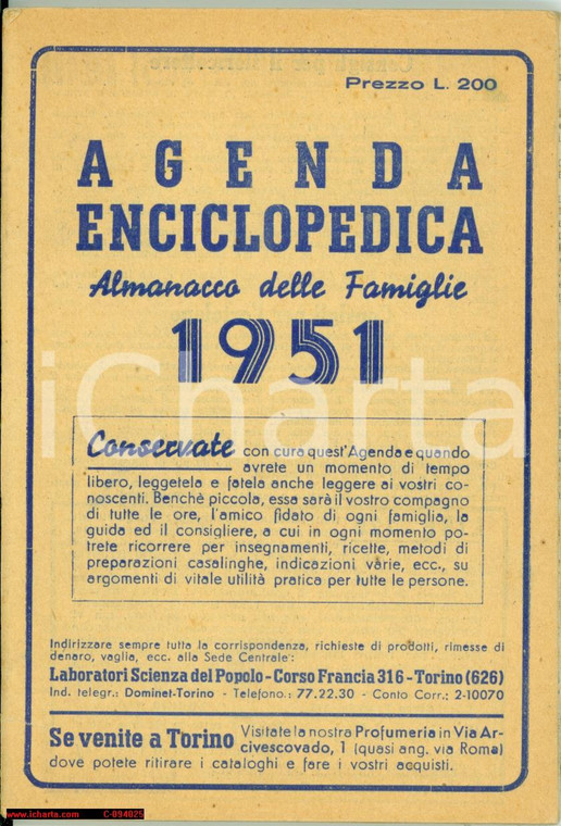 1951 TORINO Agenda enciclopedica Almanacco famiglia