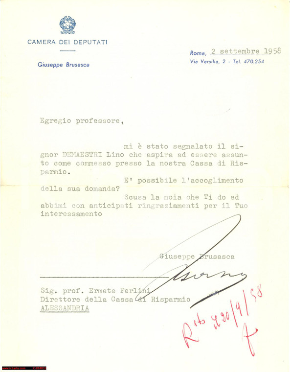1958 ALESSANDRIA Giuseppe BRUSASCA Yad Vashem autografo
