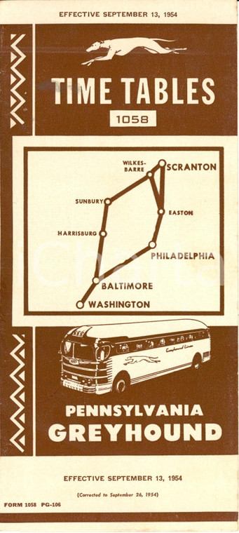 1954 PENNSYLVANIA (USA) GREYHOUND lines Time tables 1058 SCRANTON-PHILADELPHIA