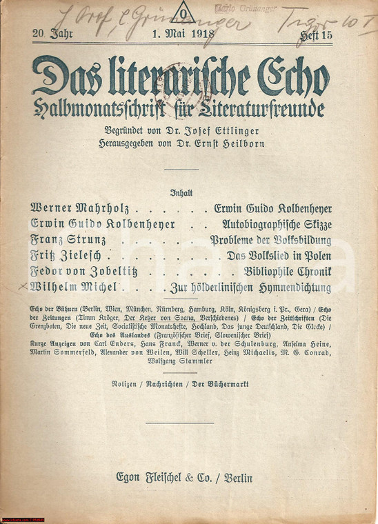 1918 LITERARISCHE ECHO 15 Rivista letteraria ZOBELTITZ