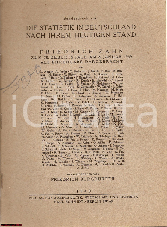 1940 Friedrich ZAHN Statistik in Deutschland BURGDORFER