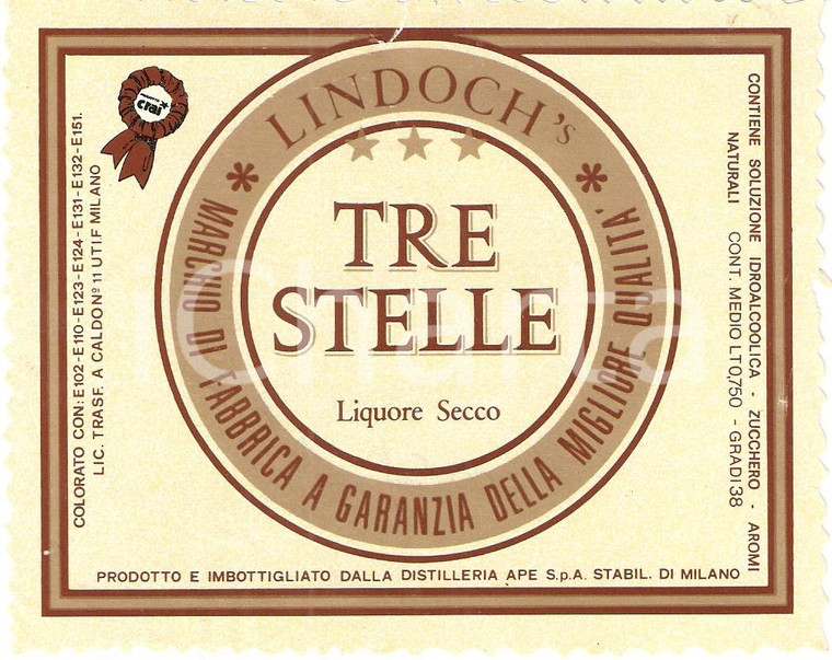 1970 ca MILANO Distilleria APE Liquore secco LINDOCH'S Tre stelle *Etichetta