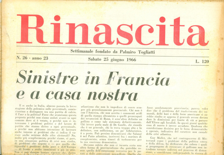 1966 RINASCITA Gain Carlo PAJETTA Sinistre in FRANCIA a casa nostra Pubblicità 