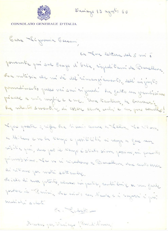 1960 VACIAGO (VB) Invito Luigi SABETTA Console Generale d'Italia *Autografo