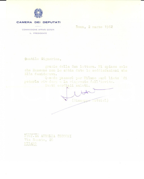 1962 ROMA On. Giuseppe BETTIOL ad Aurelia CECCONI *Autografo