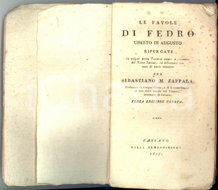 1808 BASSANO Le favole di FEDRO Ripurgate per Sebastiano ZAPPALA' 3^ ed.