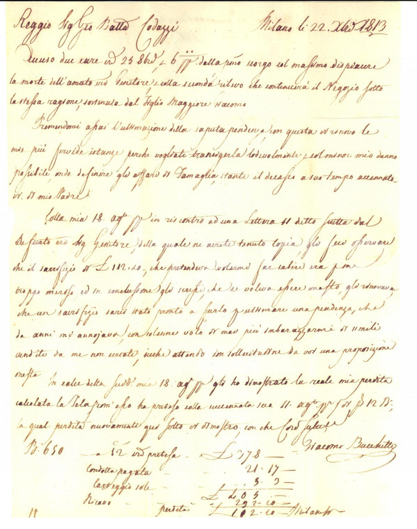 1813 MILANO Giacomo BUCCHETTI esige credito da G. Battista CODAZZI in lutto