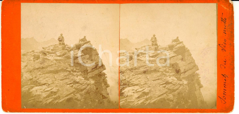 1890 ca ALPINISMO Scalatori sulla vetta del MONVISO *Stereoscopica