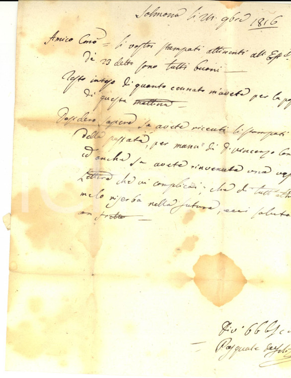 1816 SULMONA (AQ) Invio di stampati Pasquale DE FILI *Prefilatelica