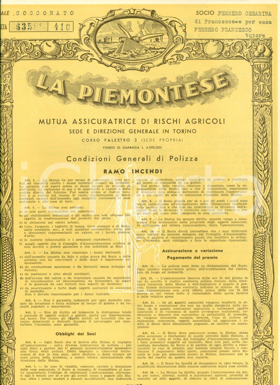 1956 COCCONATO (AT) Assicurazione LA PIEMONTESE Francesco FERRERO casa granaglie