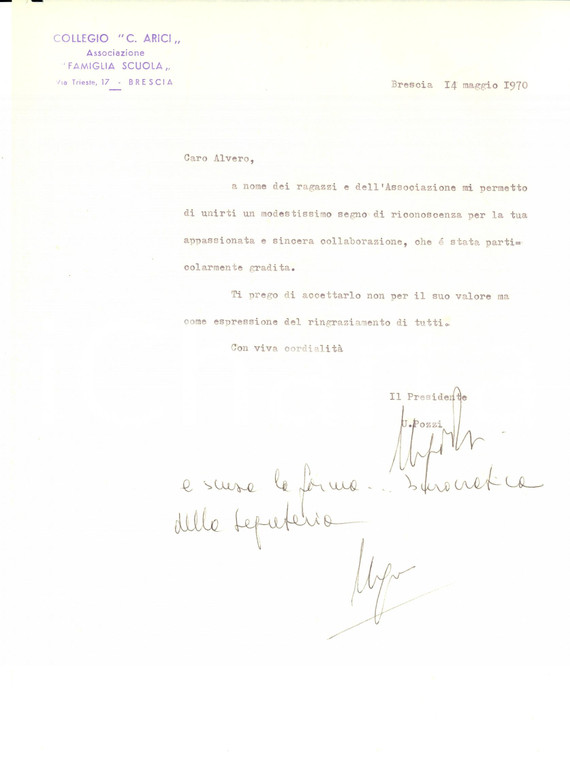 1970 BRESCIA Collegio Cesare ARICI Lettera Ugo POZZI ad Alvero VALETTI Autografo