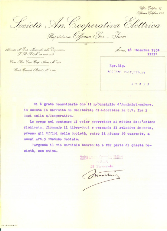 1934 IVREA Prof. Ettore ROGGERO nella Società Anonima Cooperativa ELETTRICA