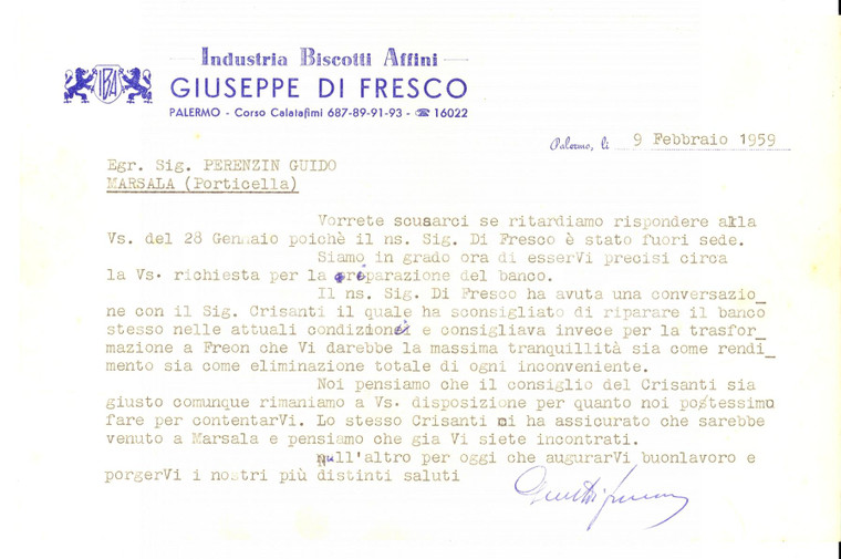 1959 PALERMO Giuseppe DI FRESCO Industria Biscotti Affini *Lettera commerciale