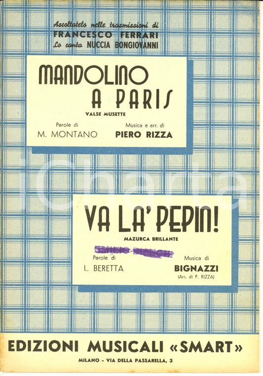 1956 Piero RIZZA Mandolino a Paris - BIGNAZZI Va là Pepin *Spartito