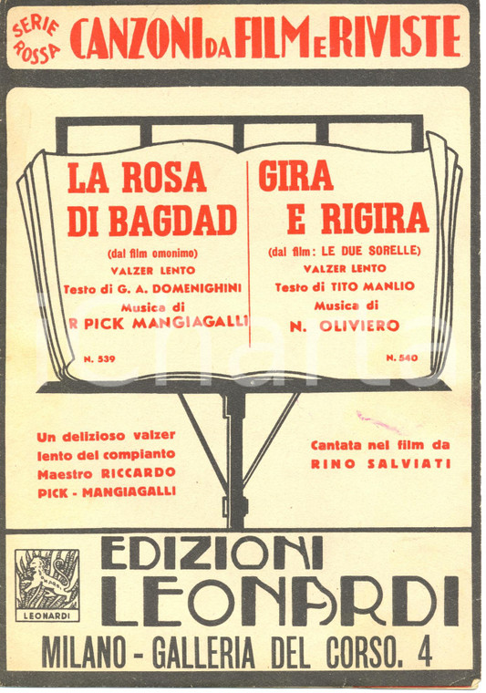 1951 Anton Gino DOMENIGHINI Riccardo PICK-MANGIAGALLI La rosa di BAGDAD Spartito