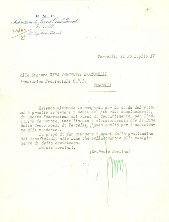 1937 VERCELLI Croce Rossa Rina TARCHETTI MORTARELLI assistenza per mondariso