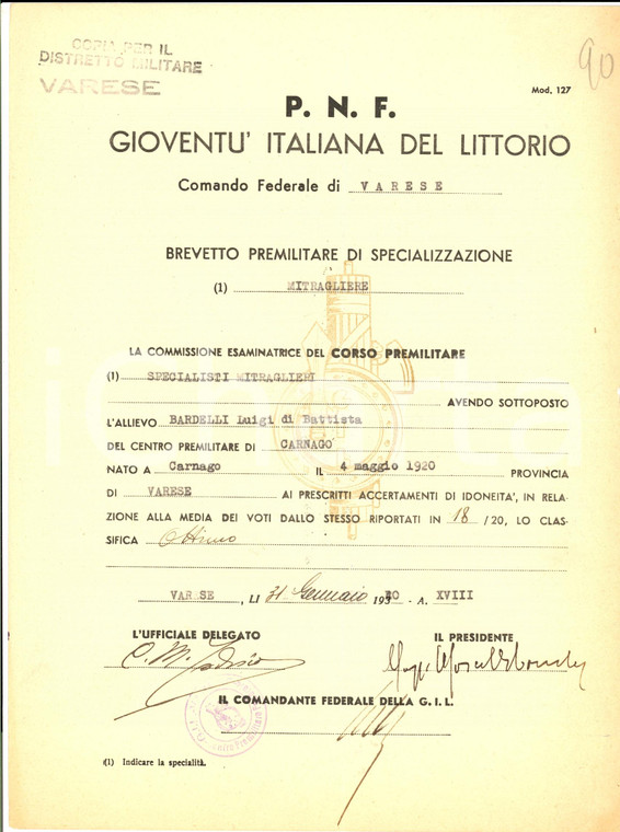 1940 WW2 GIL CARNAGO (VA) Brevetto mitragliere per Luigi BARDELLI *Documento