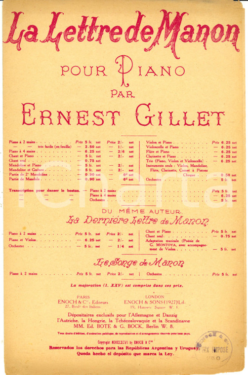 1897 Antonin LOUIS e Ernest GILLET La lettre de Manon *Spartito