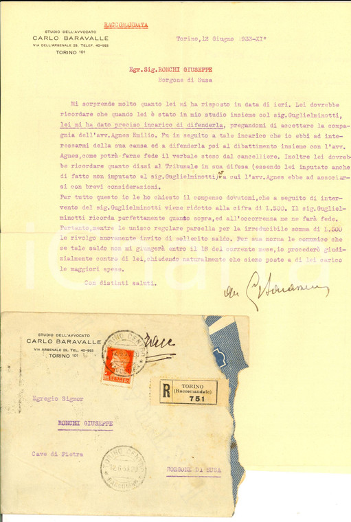 1933 TORINO Avv. Carlo BARAVALLE a un cliente che non paga parcella *AUTOGRAFO