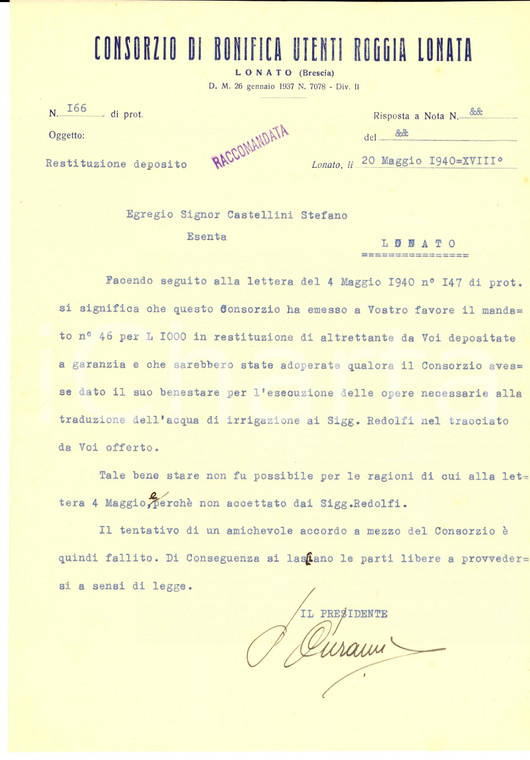 1940 LONATO DEL GARDA (BS) Bonifica Roggia LONATA Stefano CASTELLINI vs REDOLFI