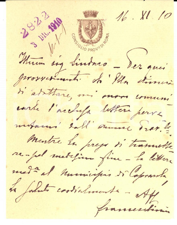 1910 ROMA Consigliere provinciale FRANCESCHINI pro cittadini CAPRAROLA *Lettera