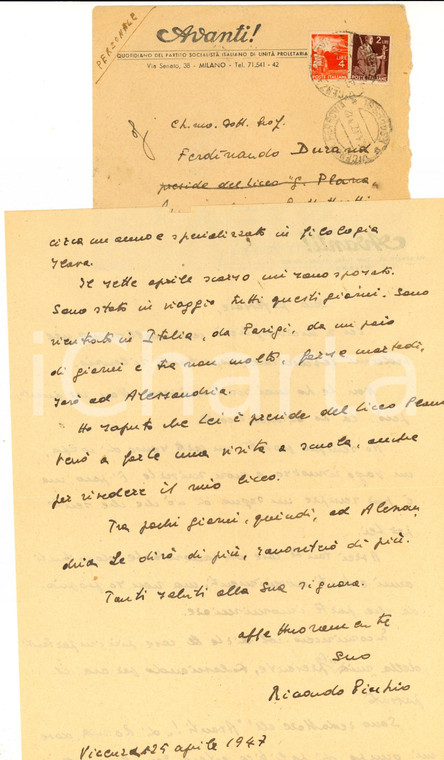 1947 VICENZA Riccardo PICCHIO entra all'AVANTI! dopo la guerra *Autografo