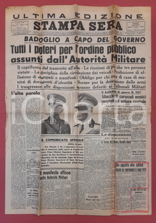 26 LUGLIO 1943 STAMPA SERA Piero BADOGLIO Capo del Governo Militare *Giornale