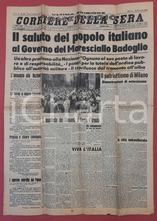 26 Luglio 1943 WW2 CORRIERE DELLA SERA Piero BADOGLIO Capo del Governo Militare