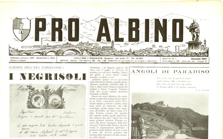 1957 PRO ALBINO Fratelli NEGRISOLI eroi dell'era napoleonica Giornale ILLUSTRATO