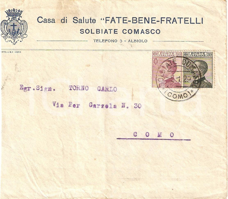 1929 SOLBIATE COMASCO (CO) Casa di salute FATEBENEFRATELLI *Busta intestata VG