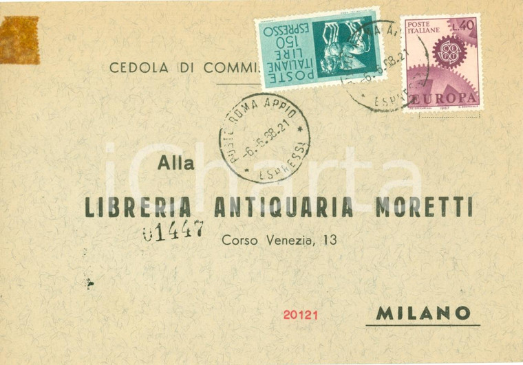 1968 MILANO Cedola libreria antiquaria MORETTI *Cartolina FG VG